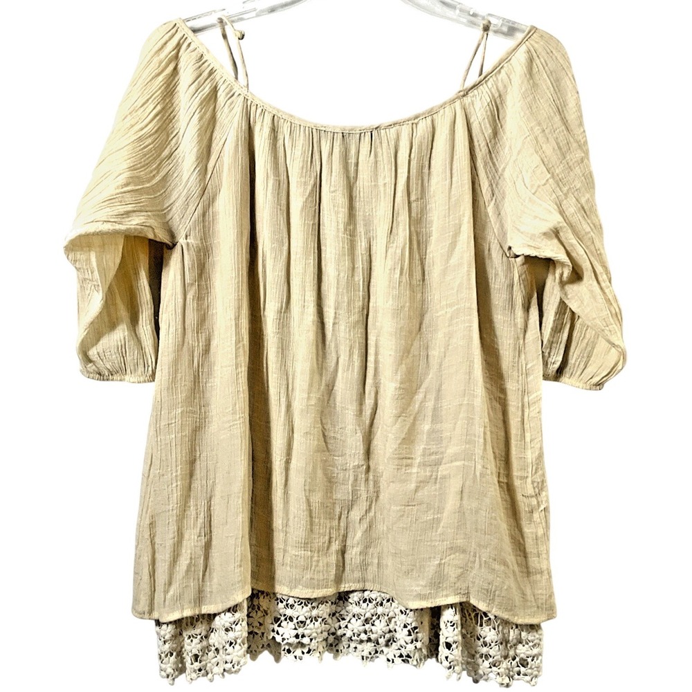 Honey Punch Boho Gauze Peasant‎ Blouse Crochet Lace Button Keyhole Beige S - Picture 4 of 4